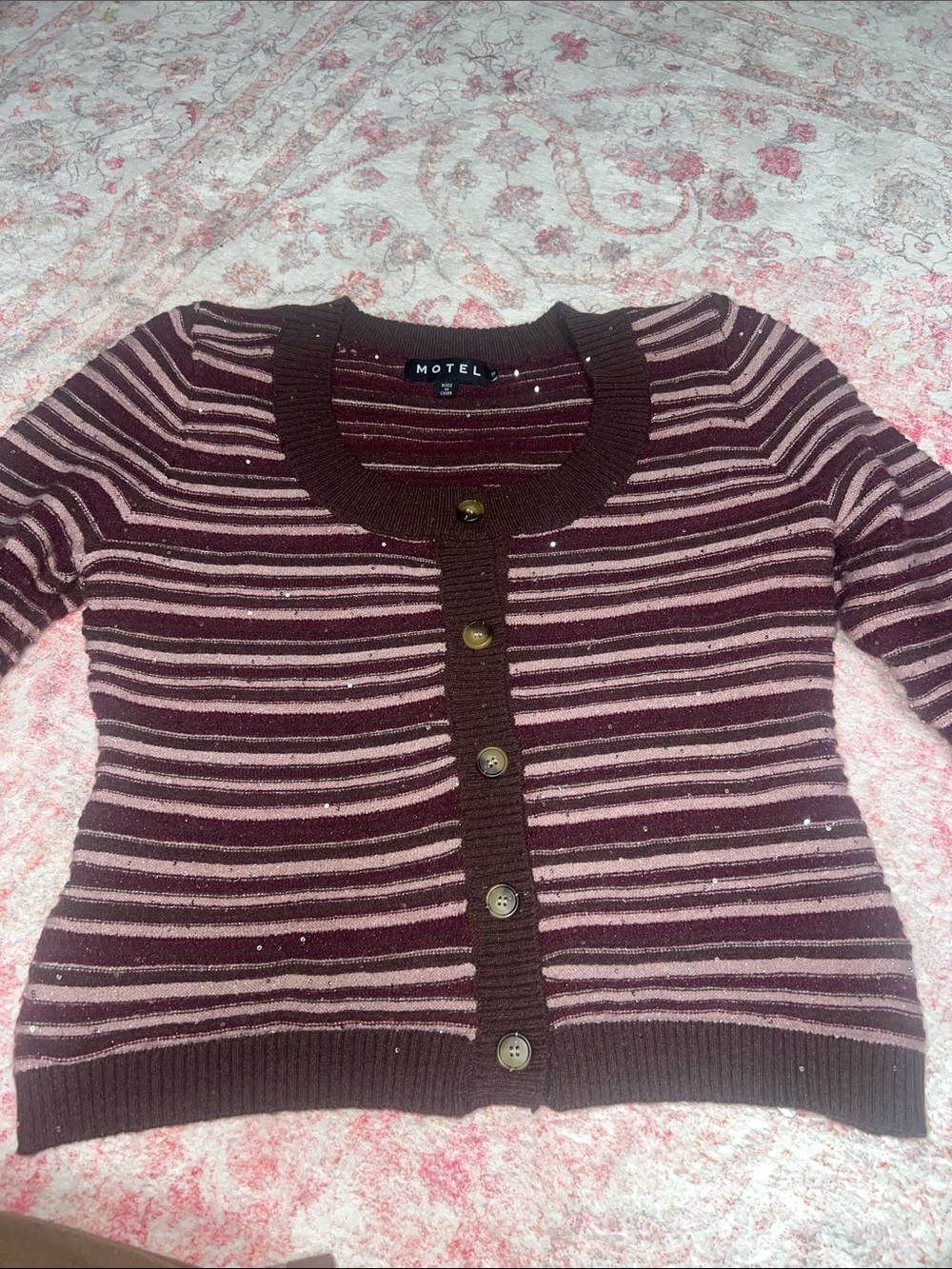 Motel Purple and Brown Glitter Striped Button Cardigan